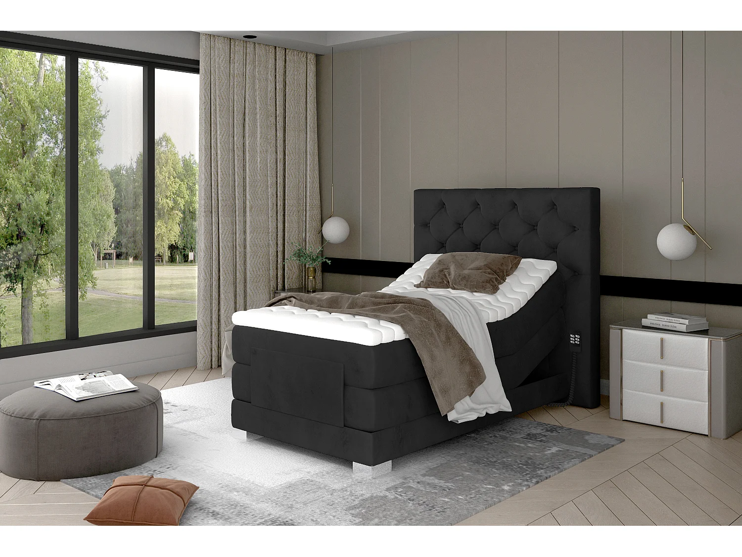 Lit continental électrique velours noir avec matelas et surmatelas Karmen-160x200