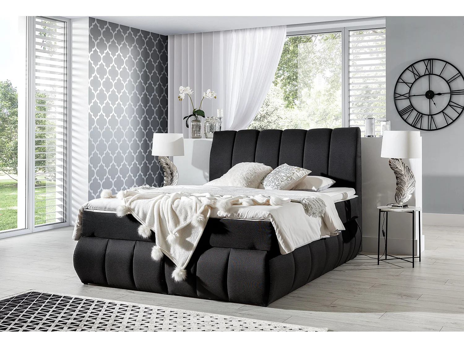 Florencia gewatteerd continentaal bed van zwarte stof-Slapen 160x200cm