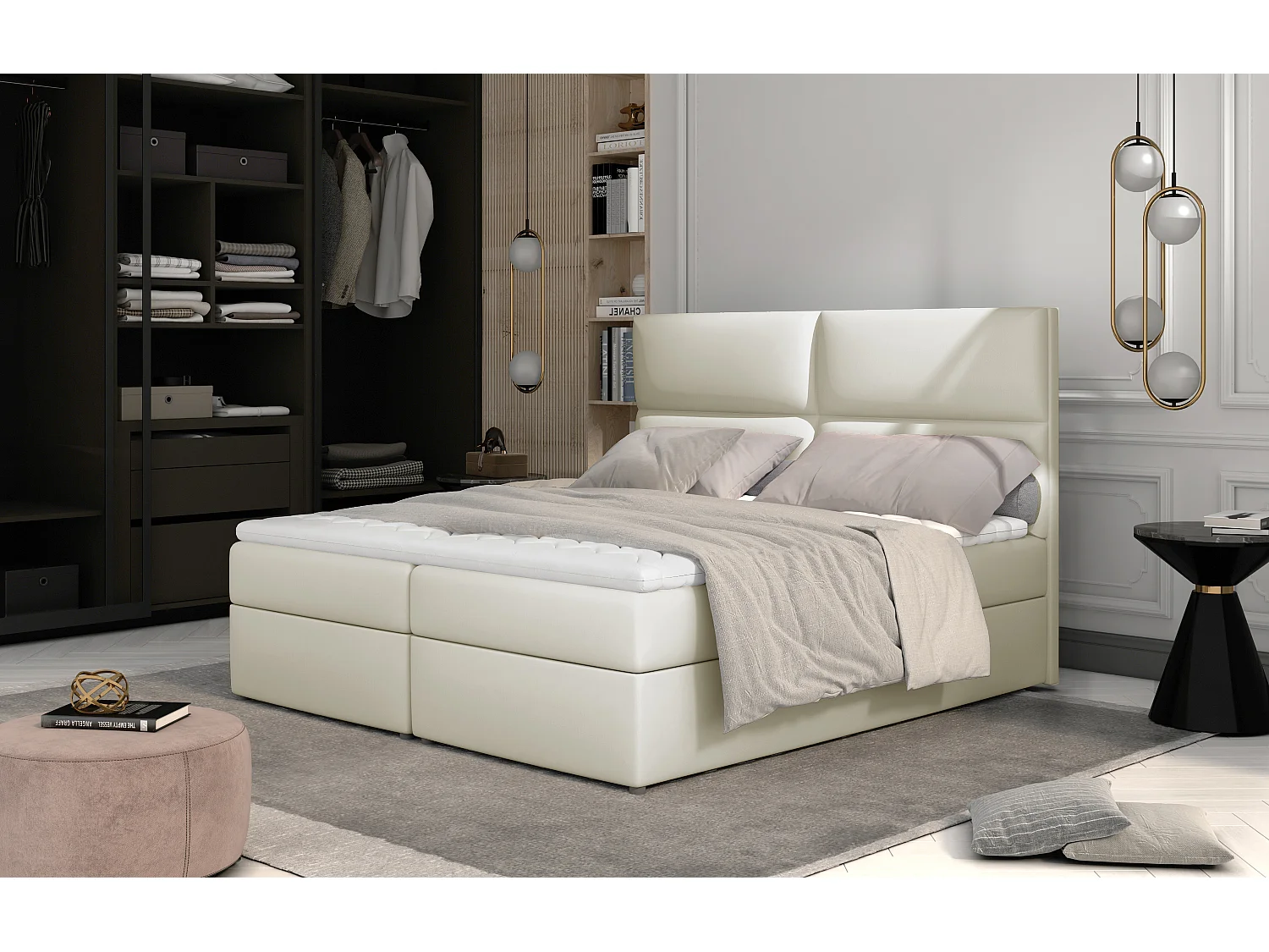 Weber lichtbeige gewatteerd continentaal bed met kunstleer-Slapen 160x200cm