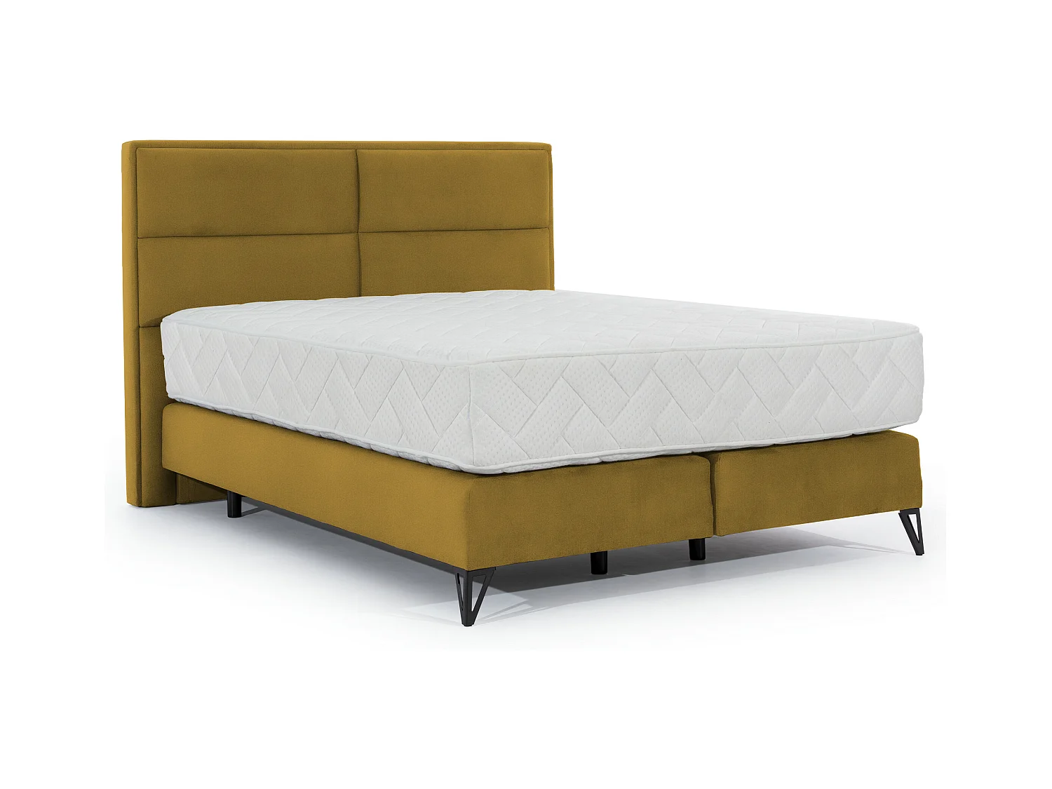 Lit continental velours jaune Tiempo avec matelas 30cm en latex et pied métal noir-140x200