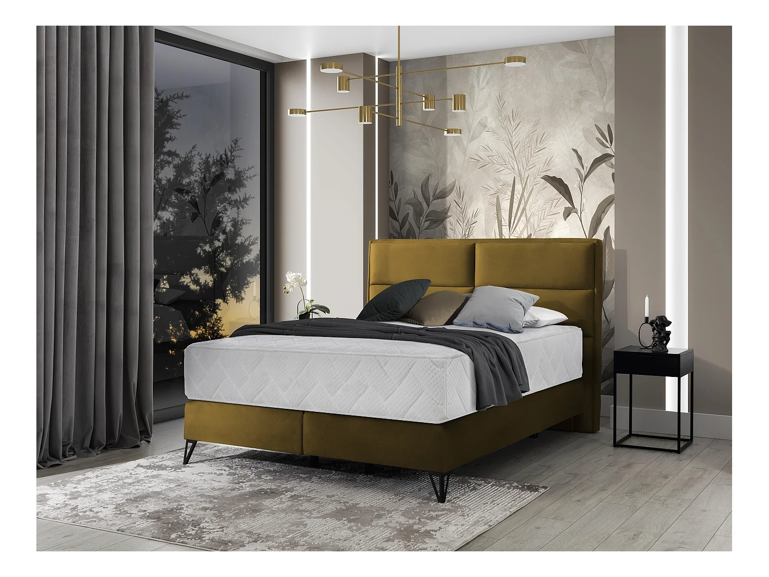 Lit continental velours jaune Tiempo avec matelas 30cm en latex et pied métal noir-140x200