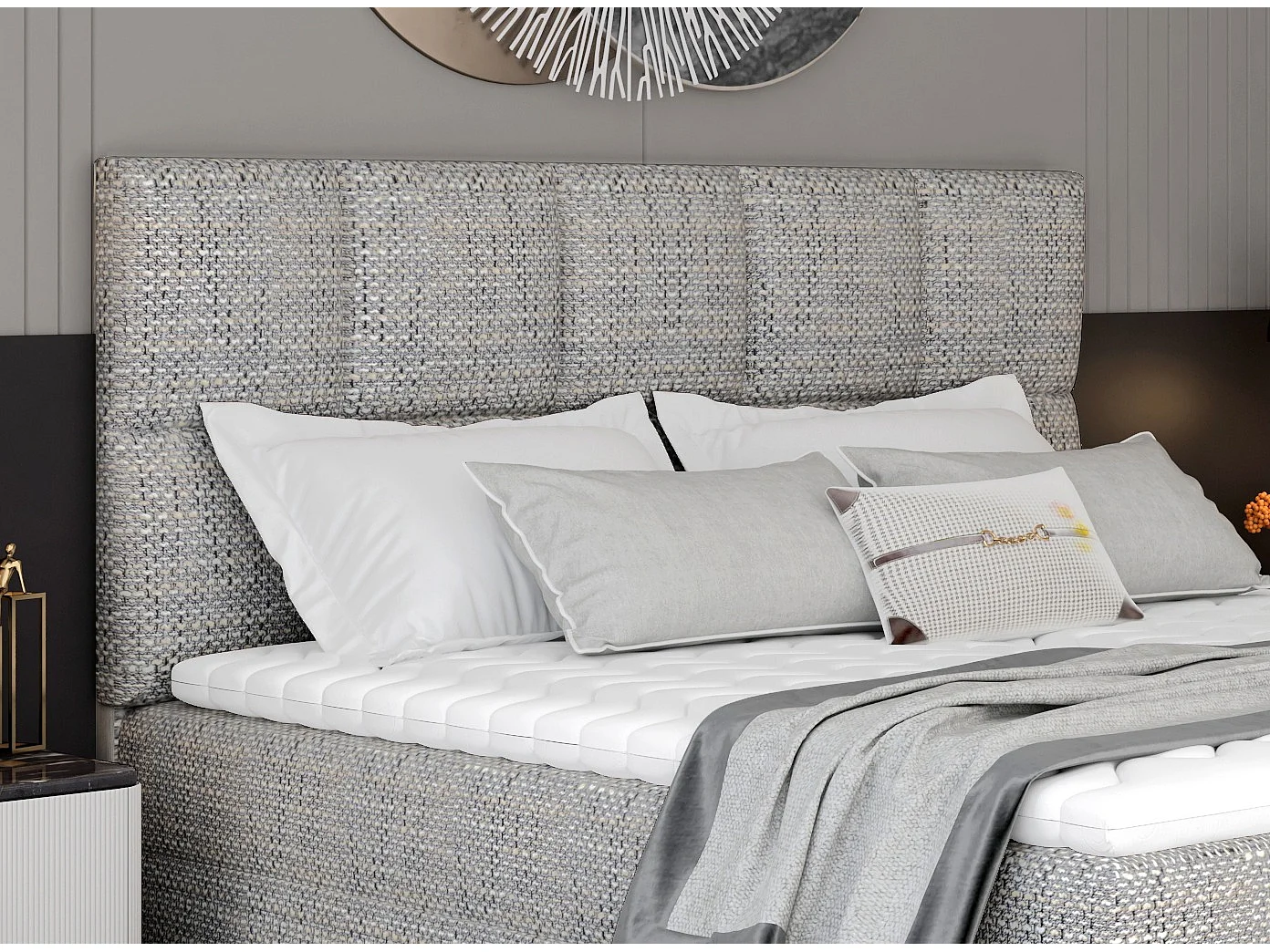 Lit boxspring tissu gris clair chiné avec matelas et surmatelas Lizen-Couchage 180x200 cm