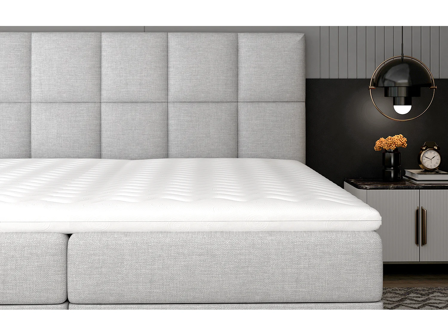 Lit boxspring tissu gris clair chiné avec matelas et surmatelas Lizen-Couchage 180x200 cm