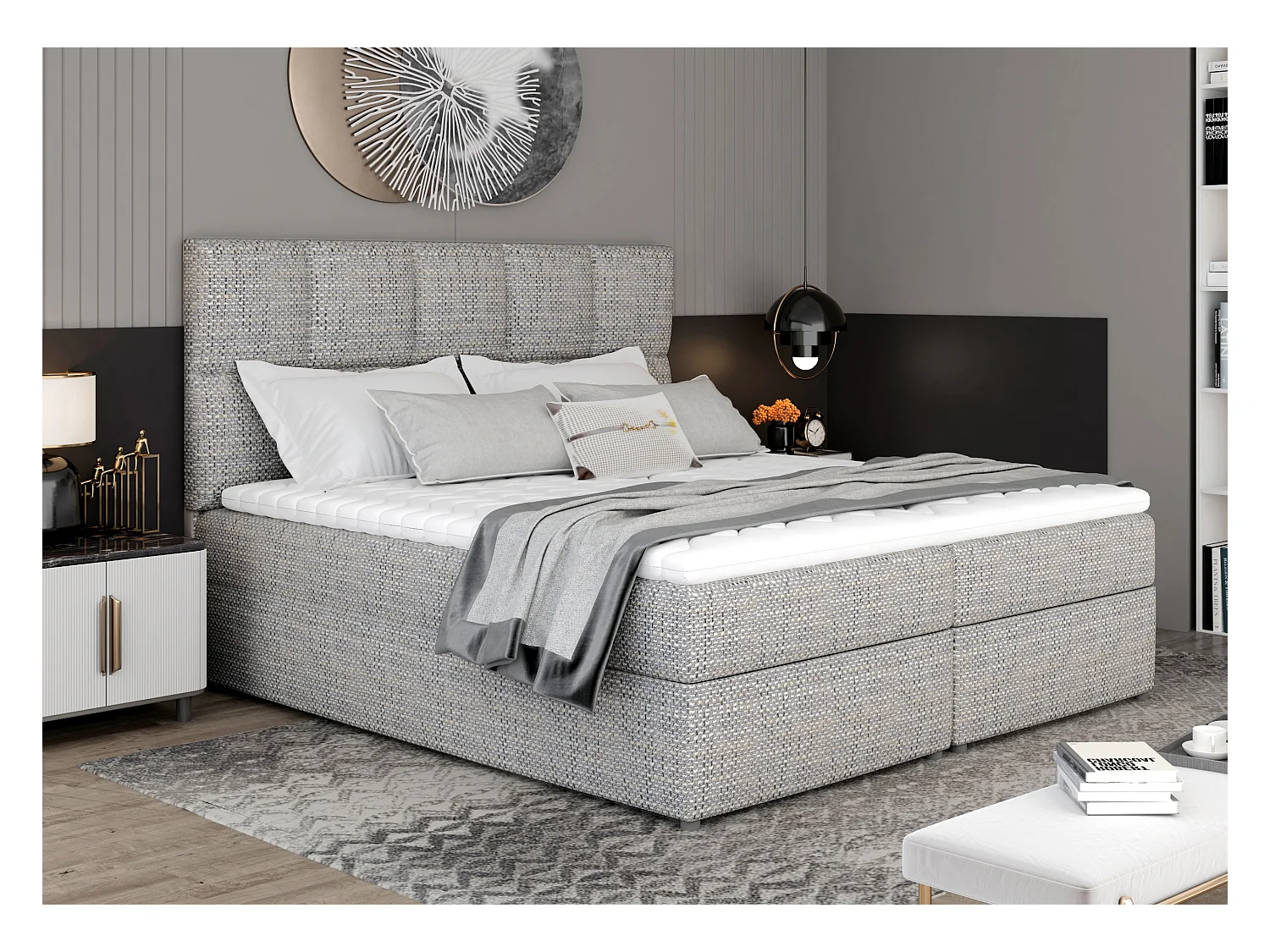 Lit boxspring tissu gris clair chiné avec matelas et surmatelas Lizen-Couchage 180x200 cm