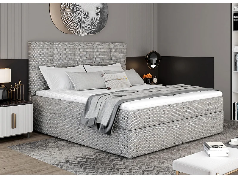 Lit boxspring tissu gris clair chiné avec matelas et surmatelas Lizen-Couchage 180x200 cm