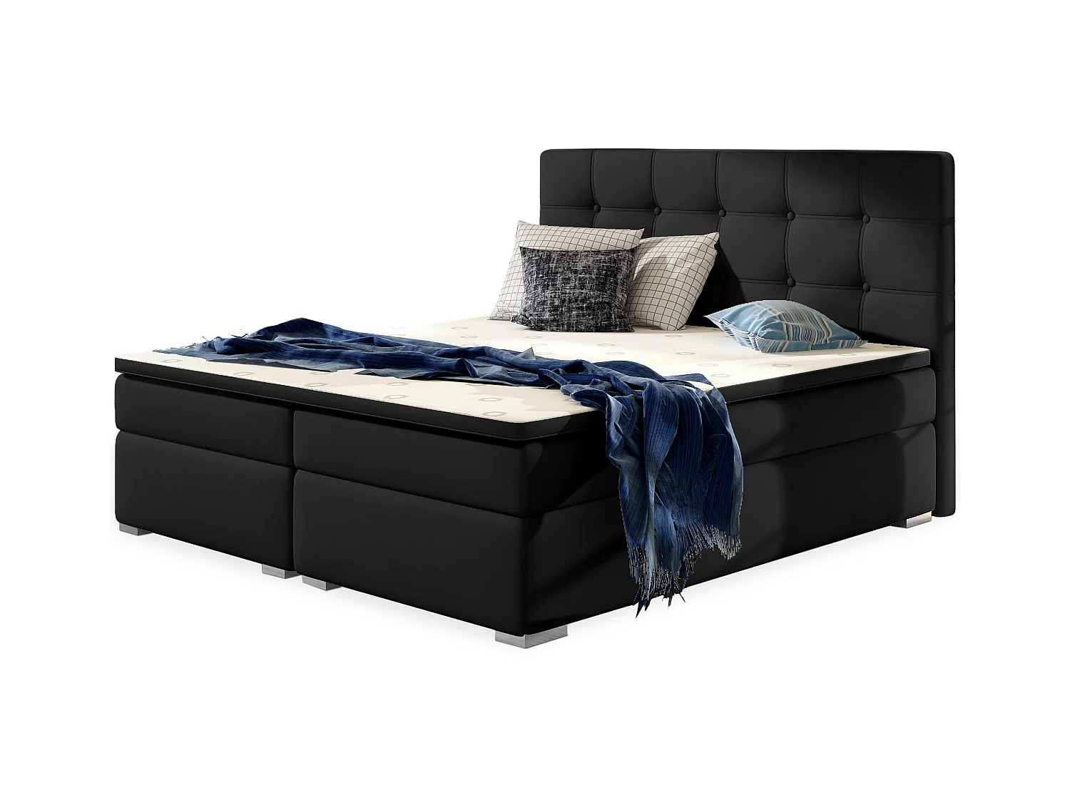 Lit boxspring simili cuir noir avec matelas et surmatelas Kavin-180x200