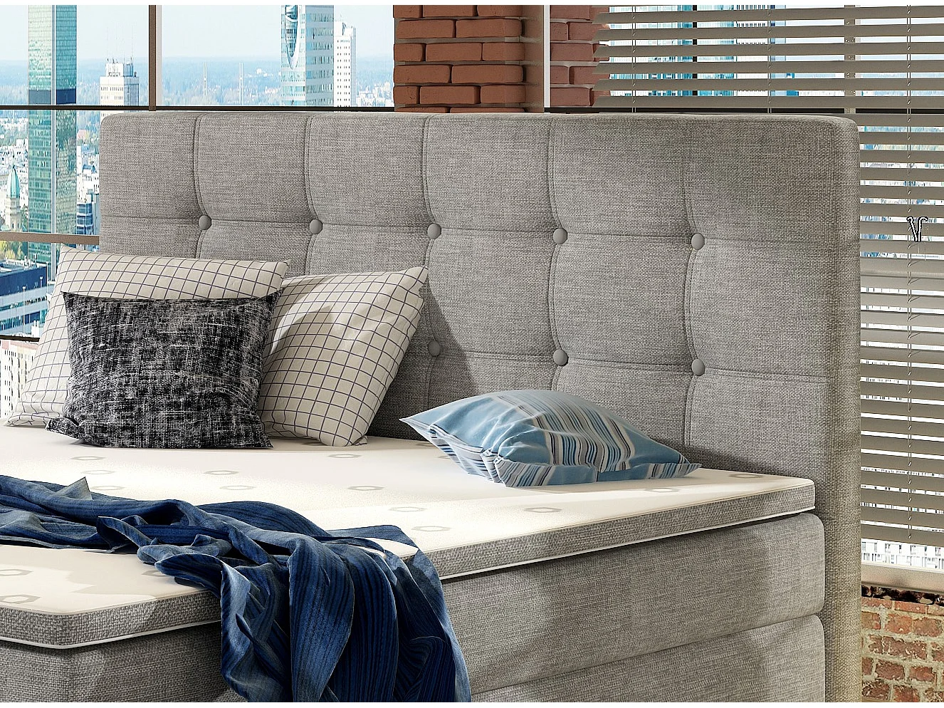 Lichtgrijs stoffen boxspringbed met Kavin matras en topper-Slapen 160x200cm