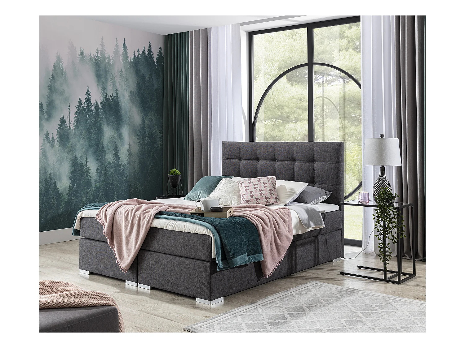 Lichtgrijs stoffen boxspringbed met Kavin matras en topper-Slapen 160x200cm