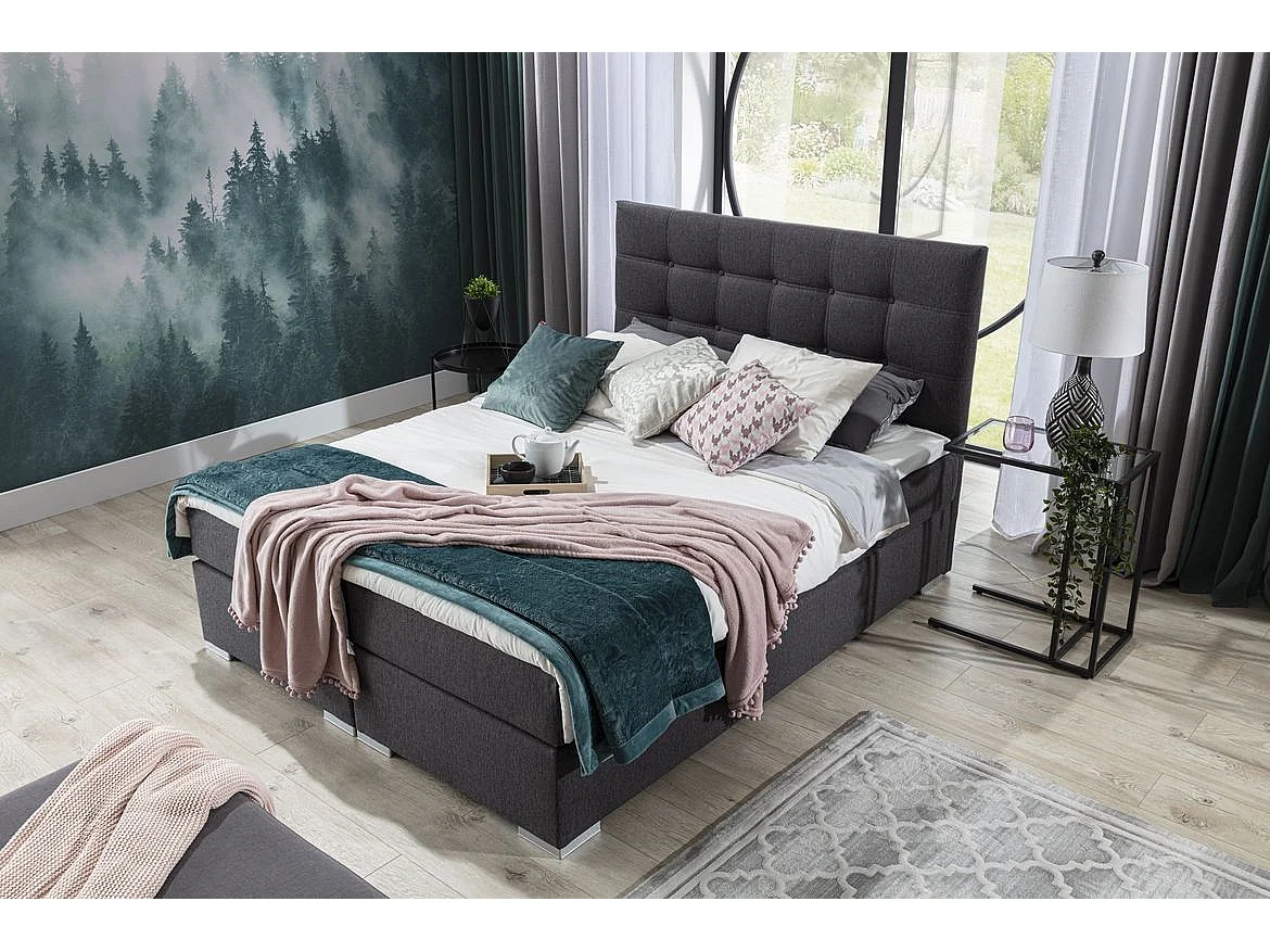 Lichtgrijs stoffen boxspringbed met Kavin matras en topper-Slapen 160x200cm