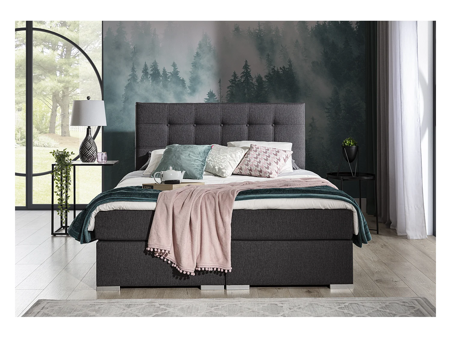 Lichtgrijs stoffen boxspringbed met Kavin matras en topper-Slapen 160x200cm