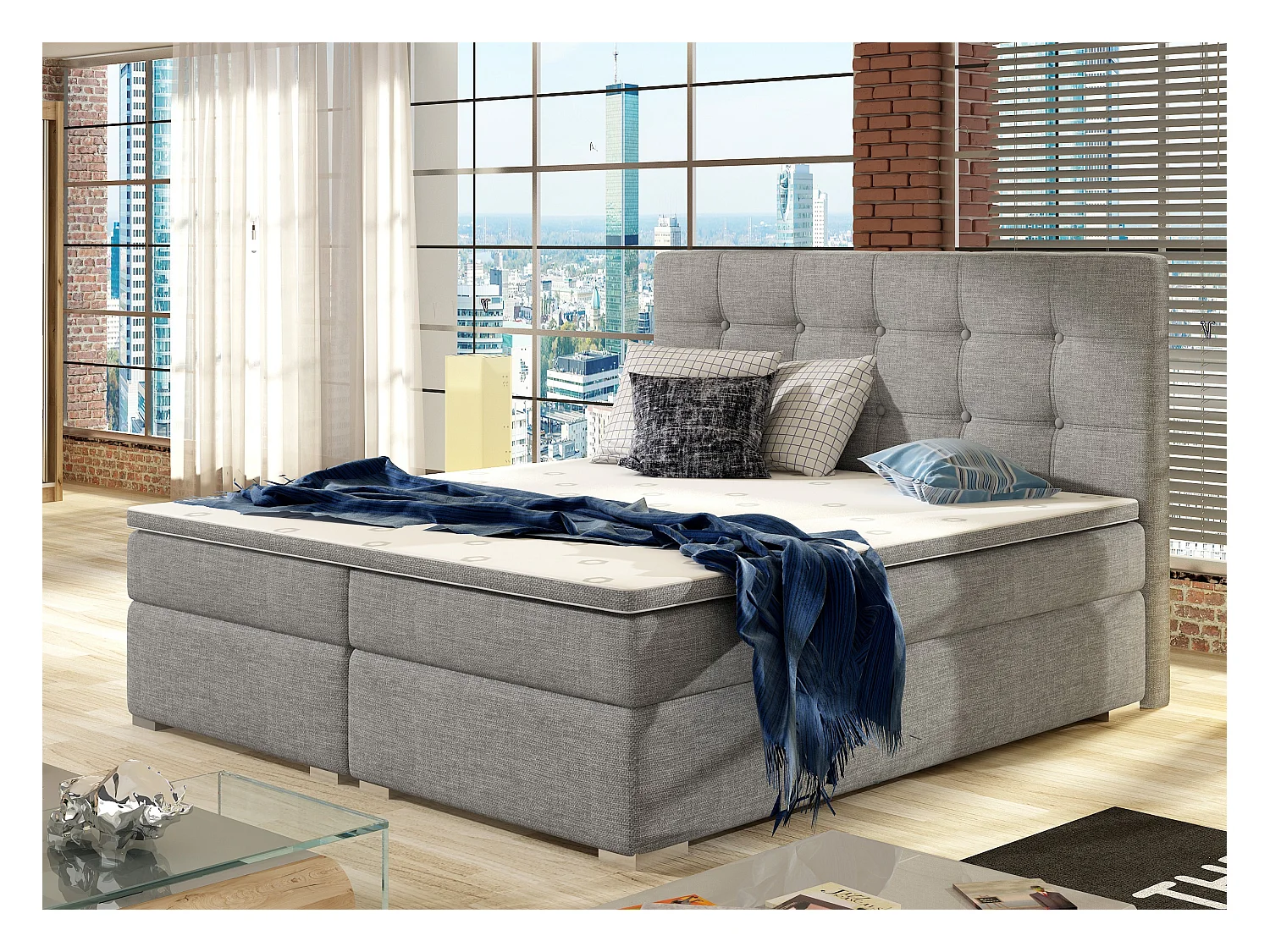 Lit boxspring tissu gris clair avec matelas et surmatelas Kavin-160x200