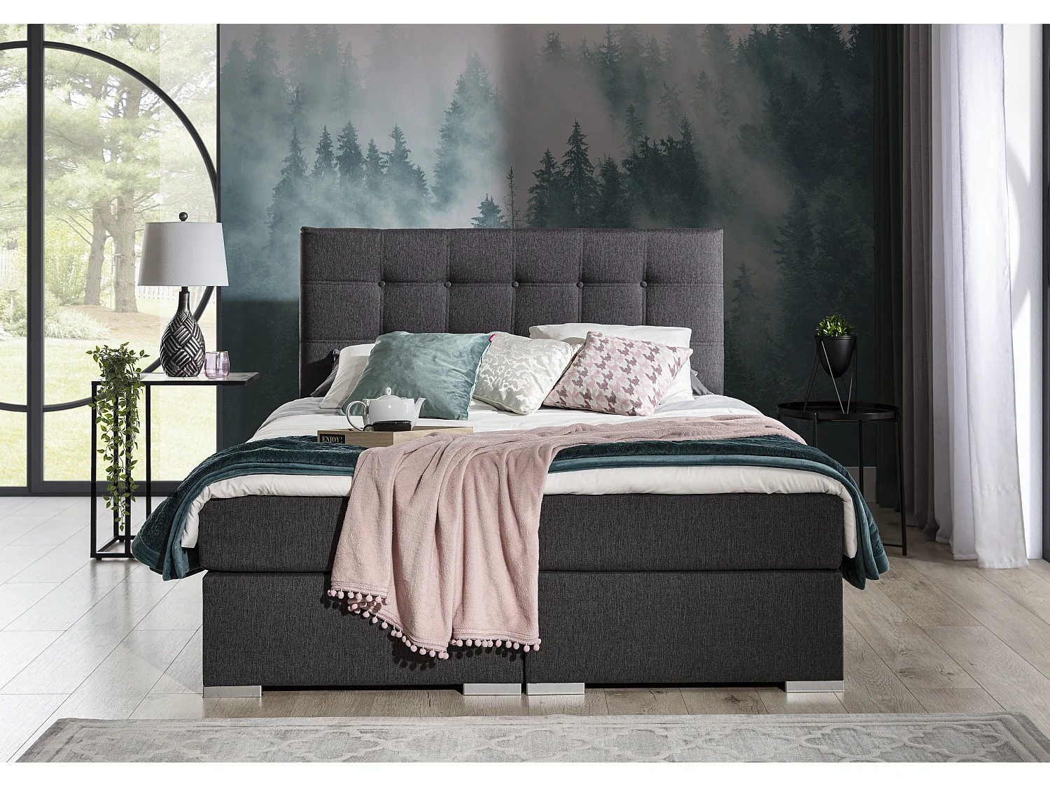 Lit boxspring tissu gris clair avec matelas et surmatelas Kavin-160x200