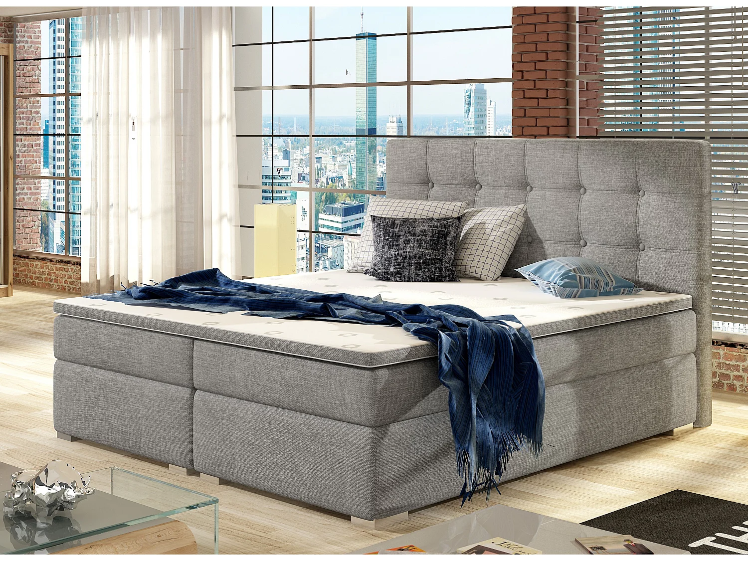 Lit boxspring tissu gris clair avec matelas et surmatelas Kavin-160x200