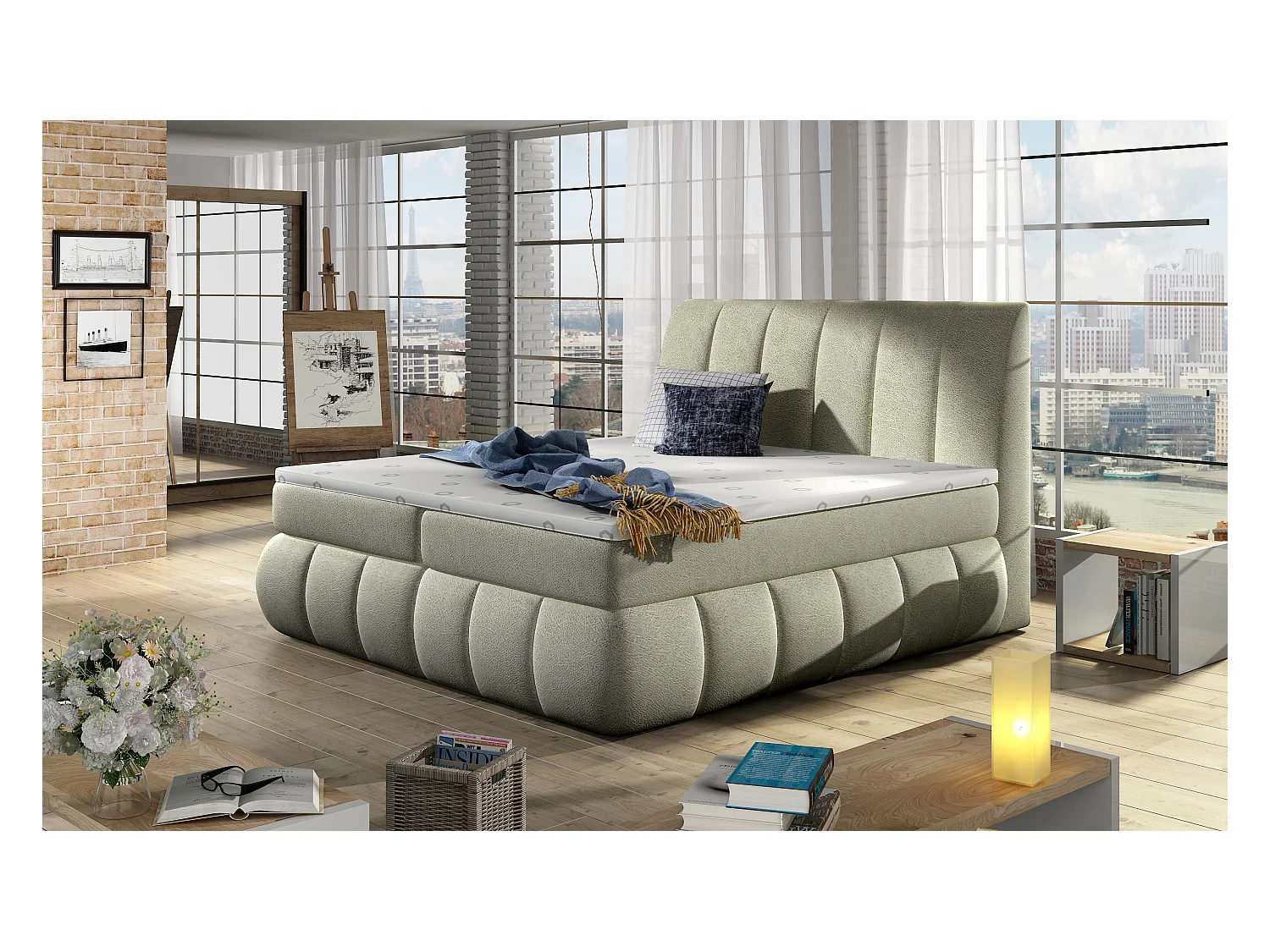 Florencia gewatteerd continentaal bed in lichtbeige stof-Slapen 140x200cm