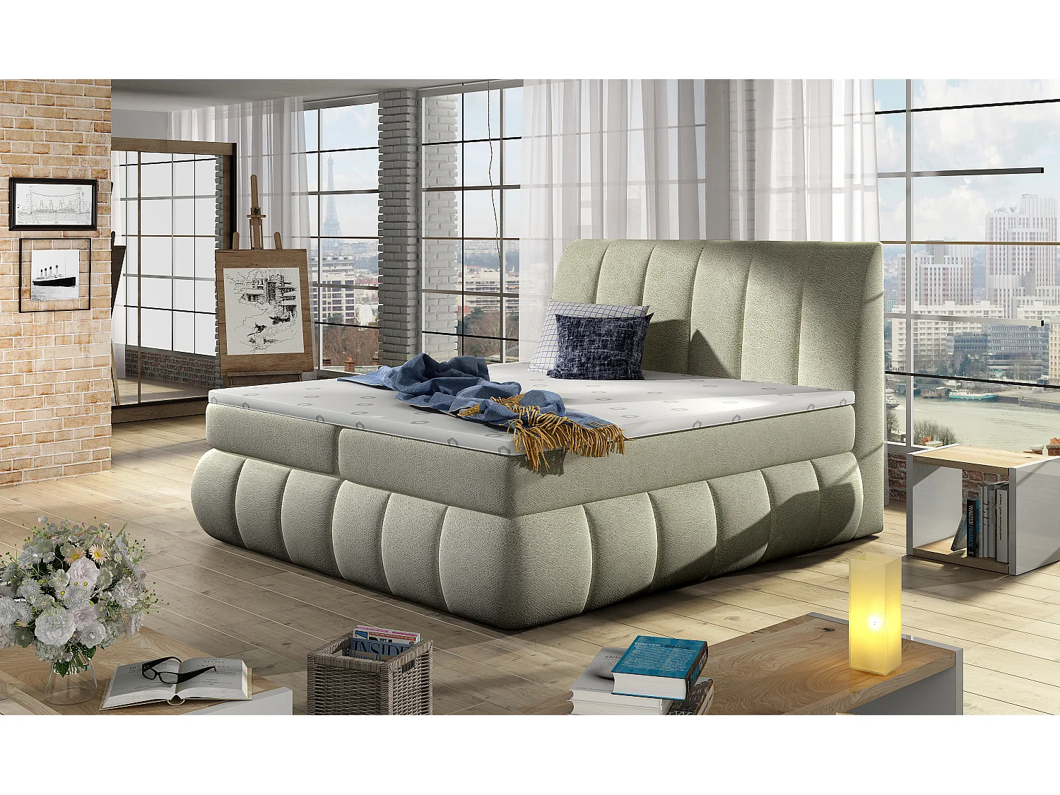 Florencia gewatteerd continentaal bed in lichtbeige stof-Slapen 140x200cm