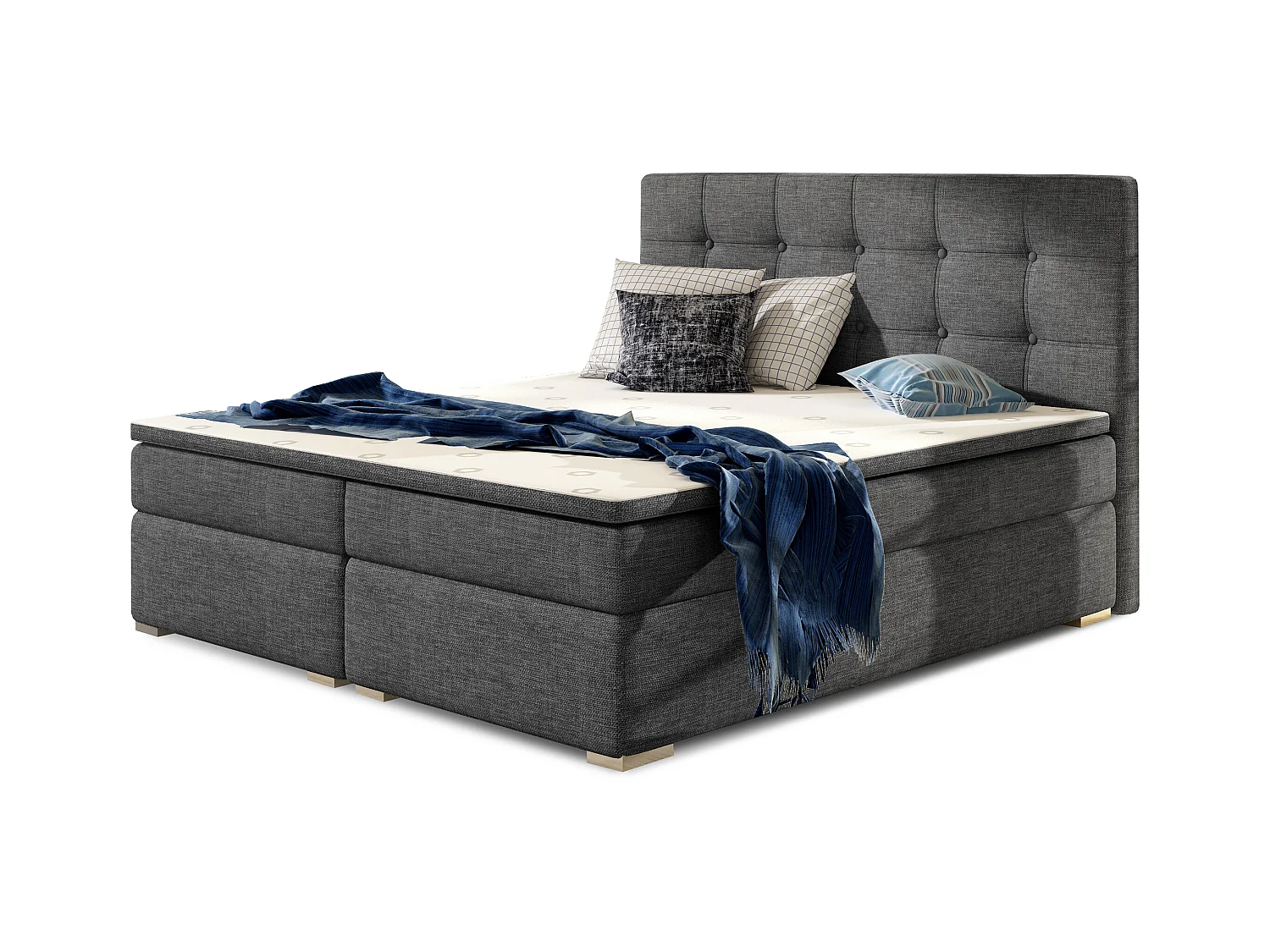Lit boxspring tissu gris foncé avec matelas et surmatelas Kavin-140x200