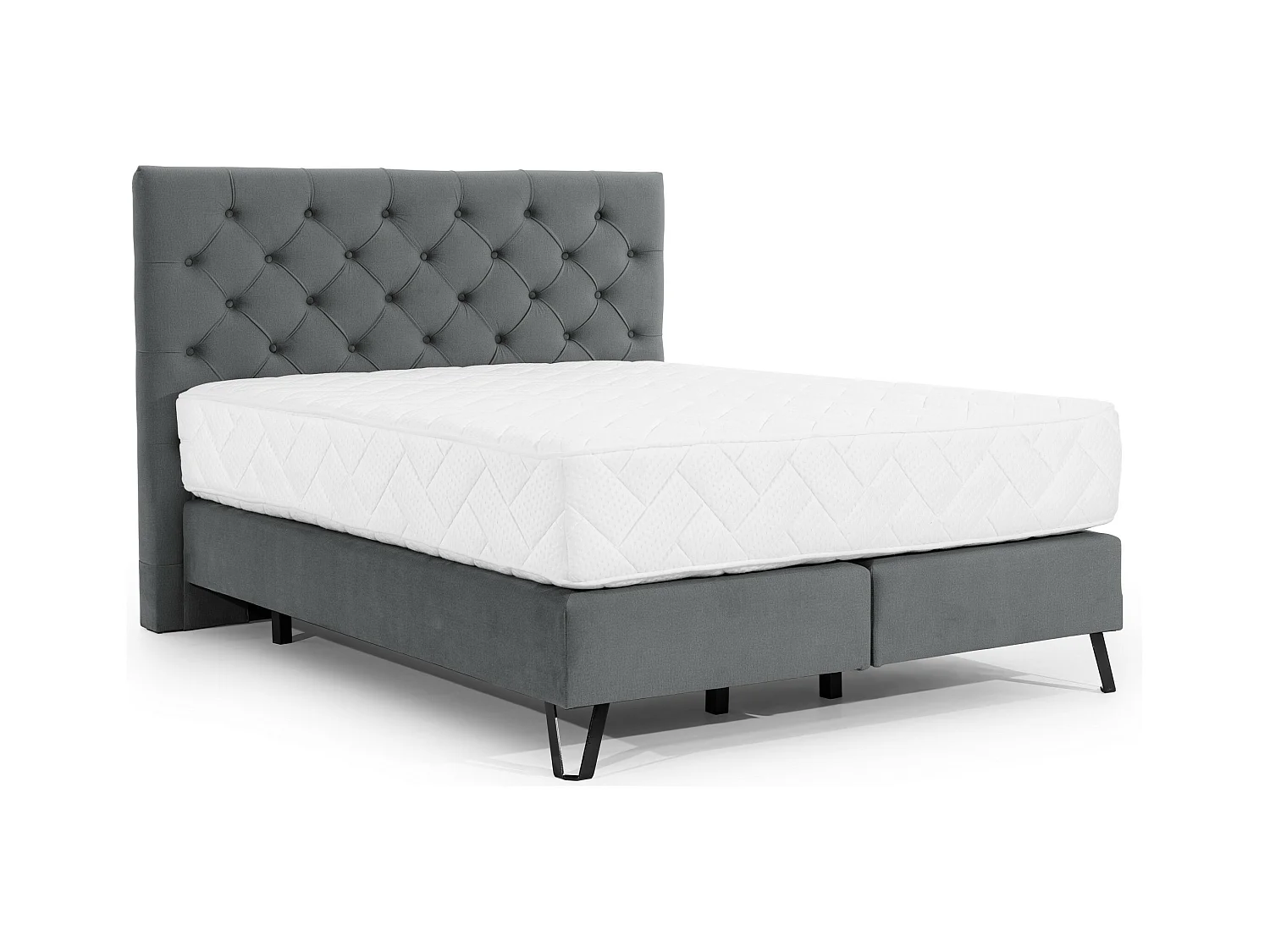 Lit continental capitonné tissu anthracite Pozza avec matelas 30cm en latex et pied métal noir-160x200