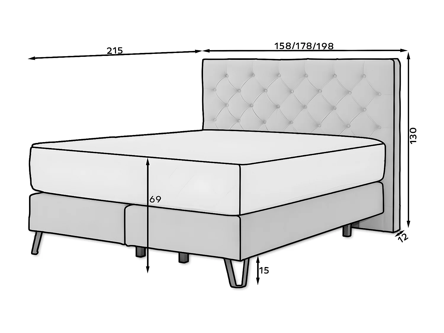 Lit continental capitonné tissu anthracite Pozza avec matelas 30cm en latex et pied métal noir-160x200