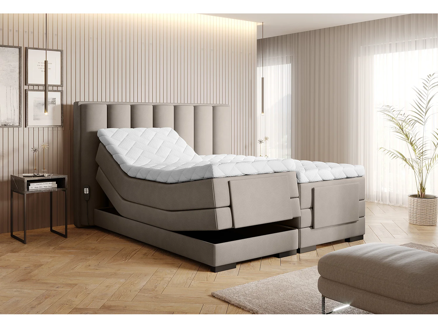 Lit boxspring électrique tissu beige clair avec matelas et surmatelas Arkos-90x200
