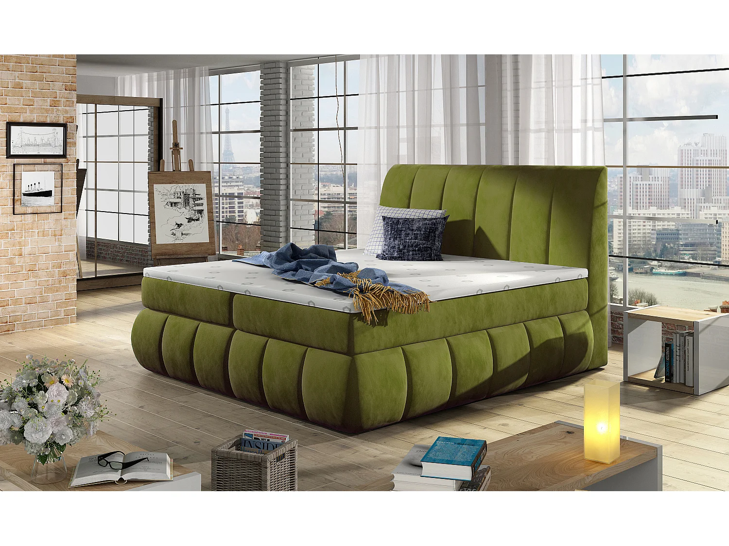 Gewatteerd continentaal bed van zachte anijsgroene stof Florencia-Slapen 180x200cm