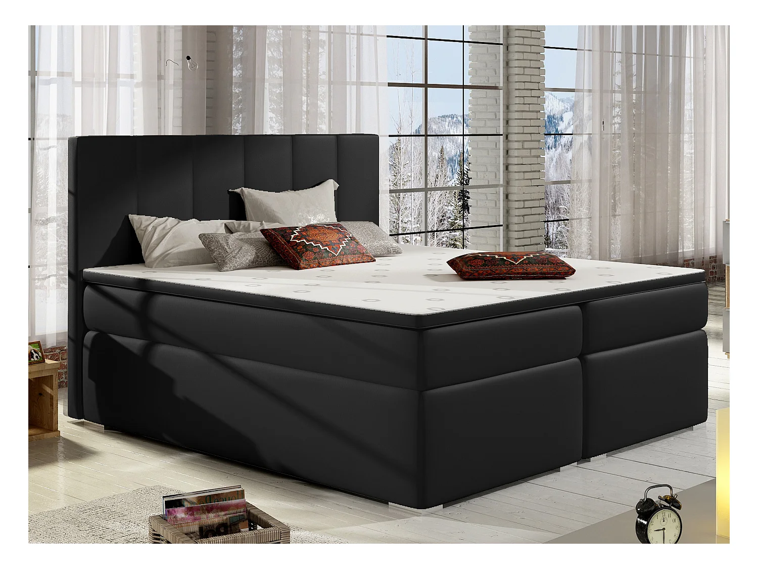 Zwart imitatieleren continentaal bed met Louna matras en topper-Slapen 180x200cm