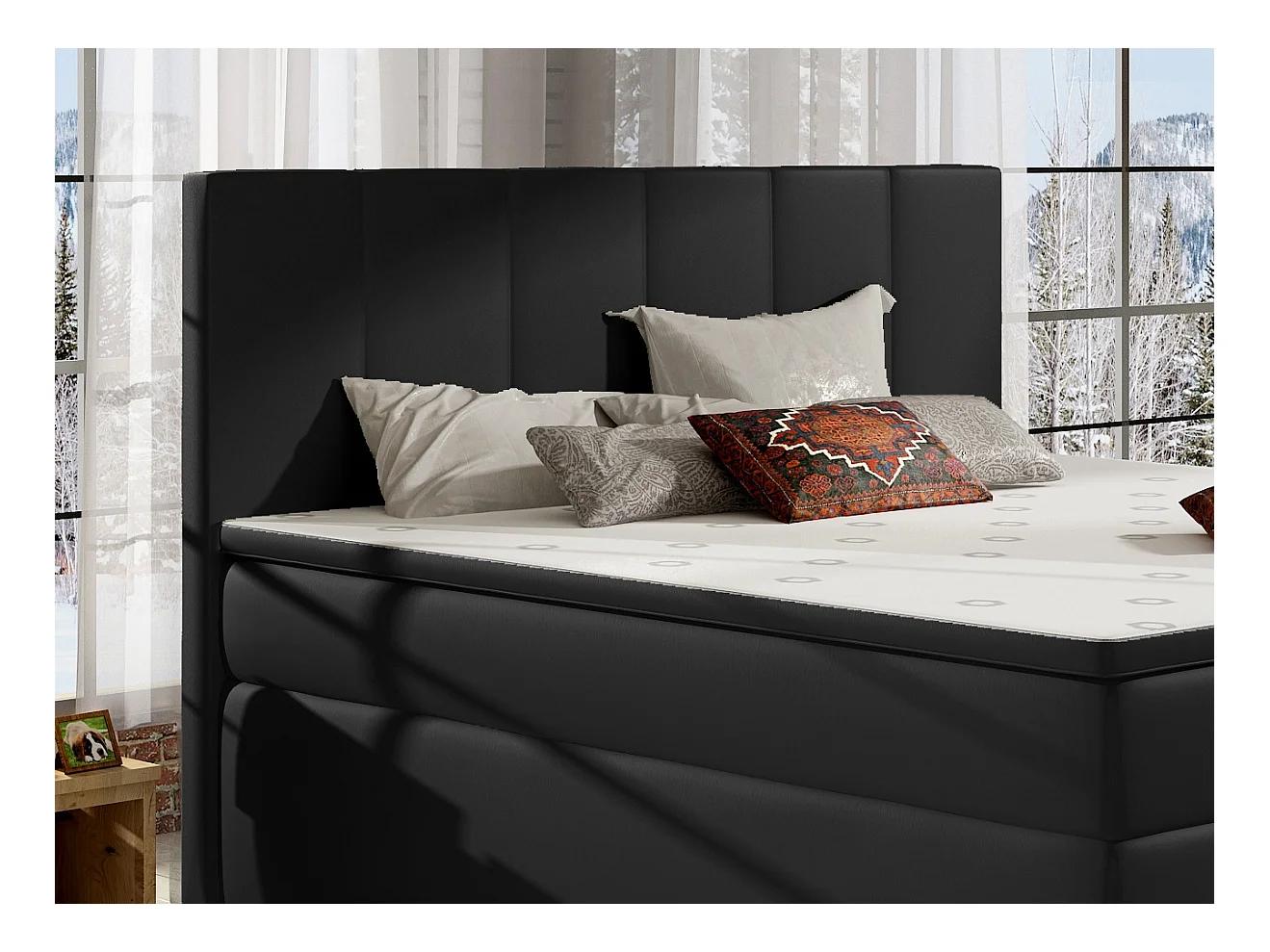 Zwart imitatieleren continentaal bed met Louna matras en topper-Slapen 180x200cm