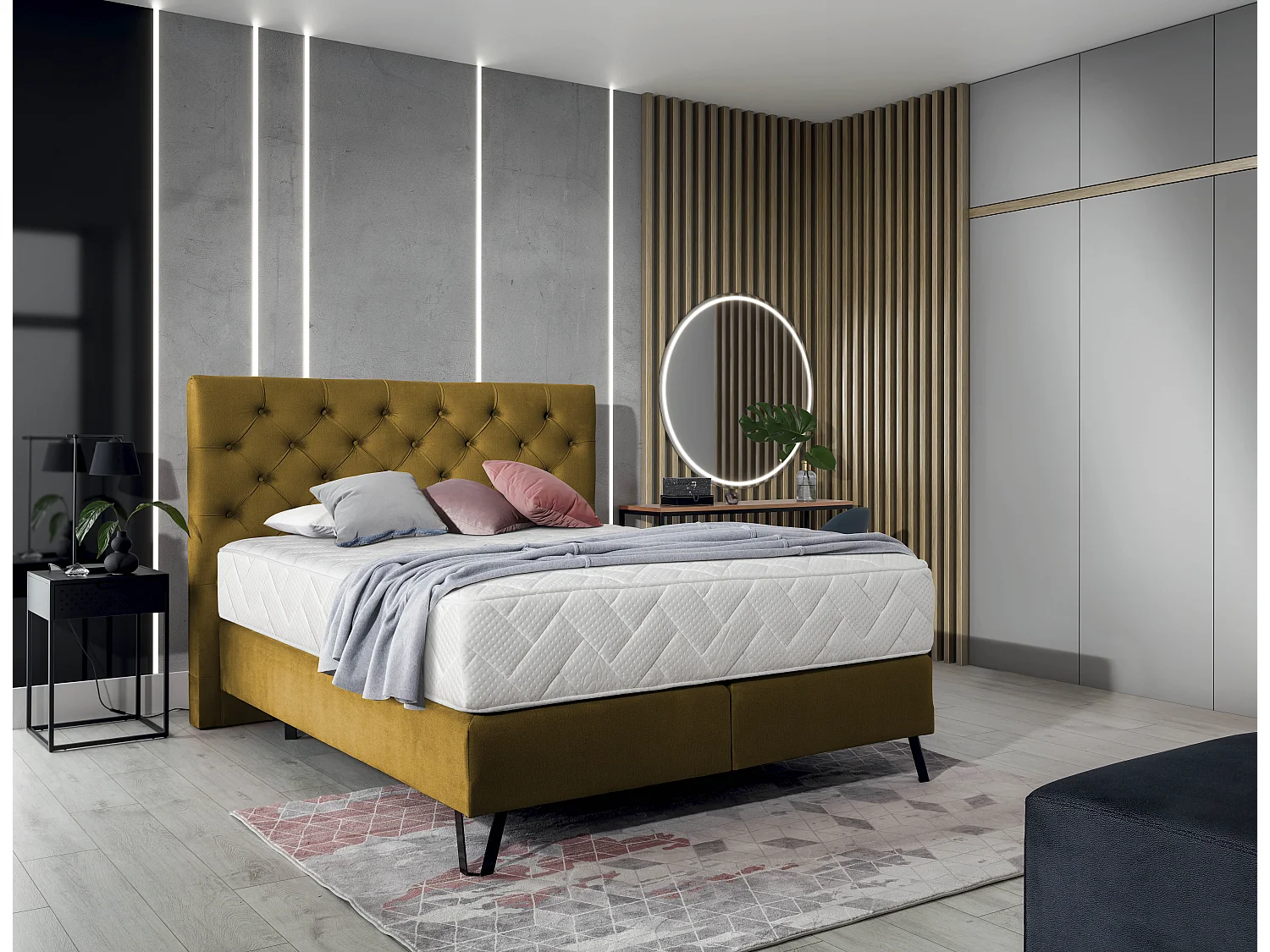 Lit continental capitonné tissu jaune moutarde Pozza avec matelas 30cm en latex et pied métal noir-180x200