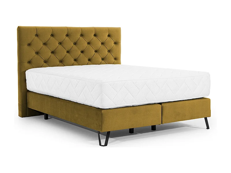 Lit continental capitonné tissu jaune moutarde Pozza avec matelas 30cm en latex et pied métal noir-180x200