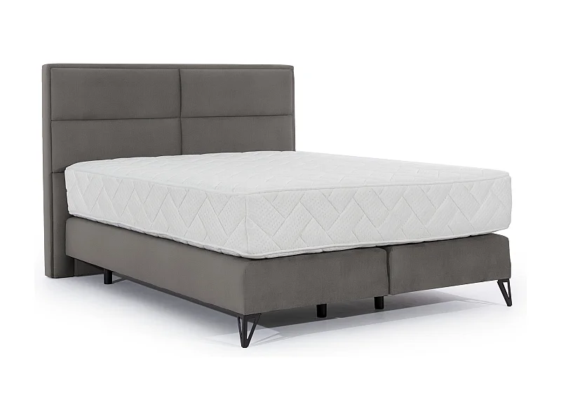 Lit continental velours marron meuse Tiempo avec matelas 30cm en latex et pied métal noir-140x200