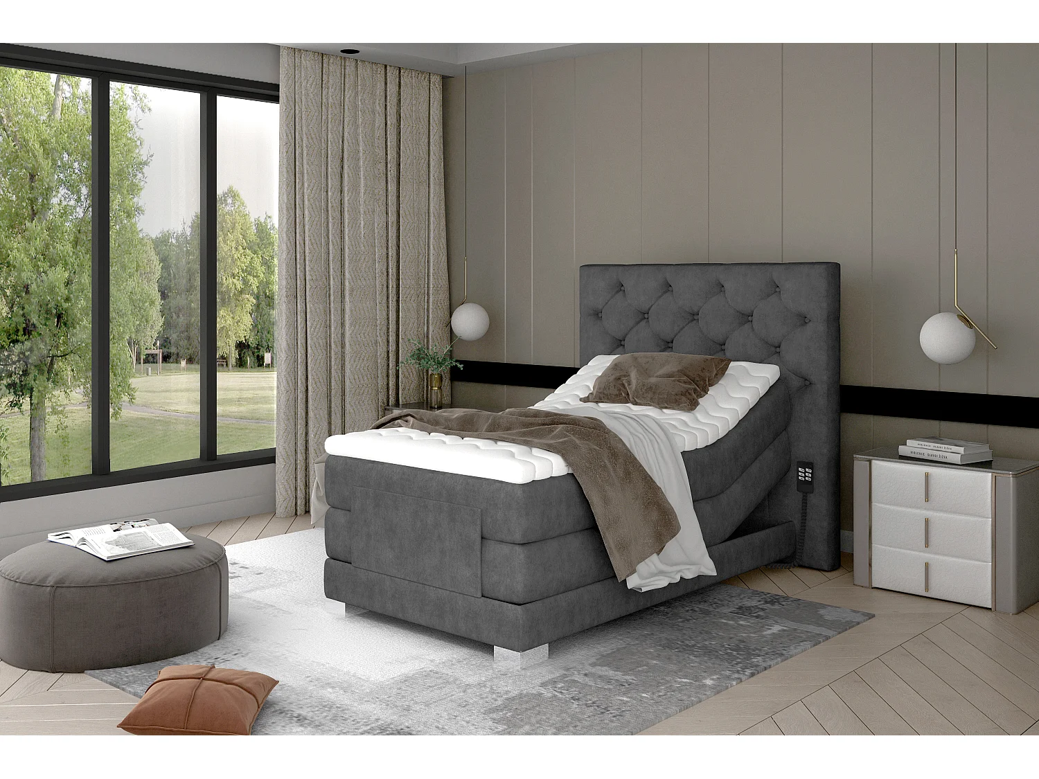 Elektrisch continentaal bed van donkergrijs stof met Karmen-matras en bovenmatras-Slapen 180x200cm