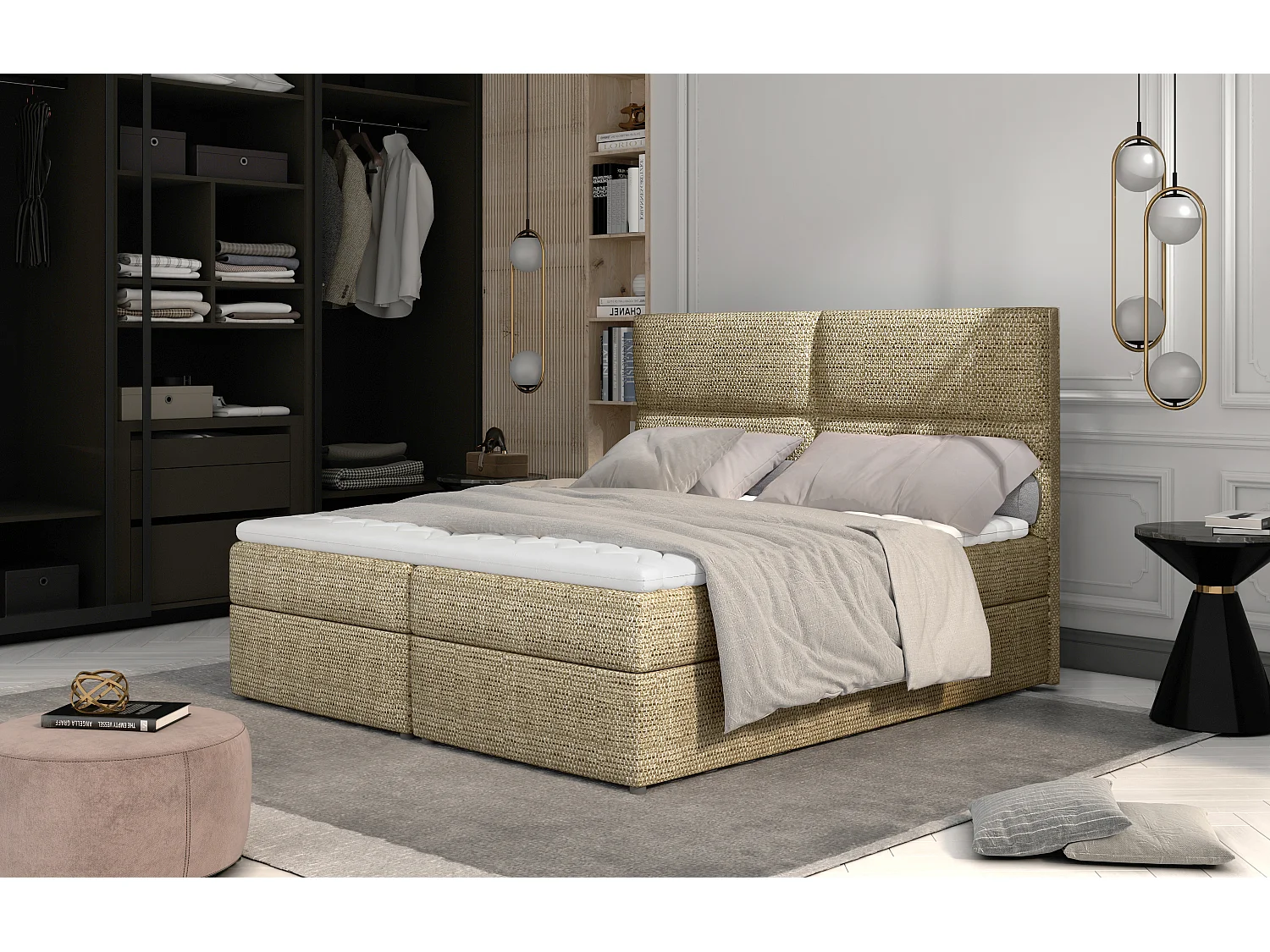 Weber gewatteerd continentaal bed van lichtbeige gemêleerde stof-Slapen 160x200cm