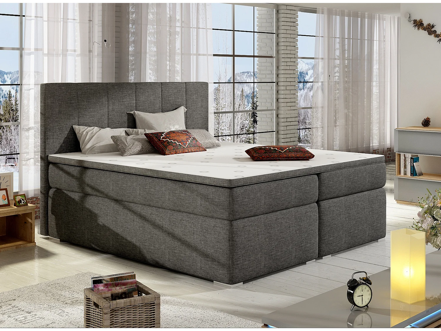 Lit continental tissu gris avec matelas et surmatelas Louna-180x200
