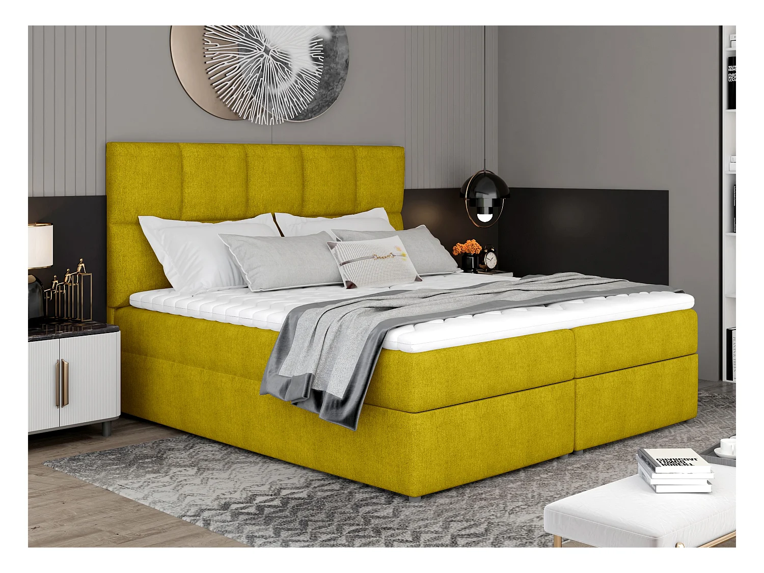 Lit boxspring tissu jaune avec matelas et surmatelas Lizen-Couchage 140x200 cm