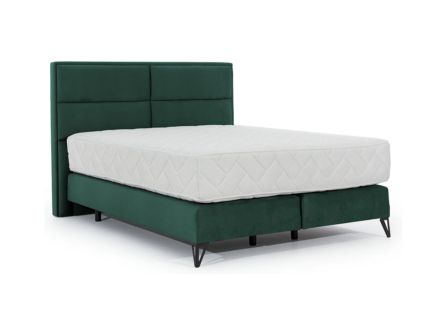 Lit continental tissu vert Tiempo avec matelas 30cm en latex et pied métal noir-180x200