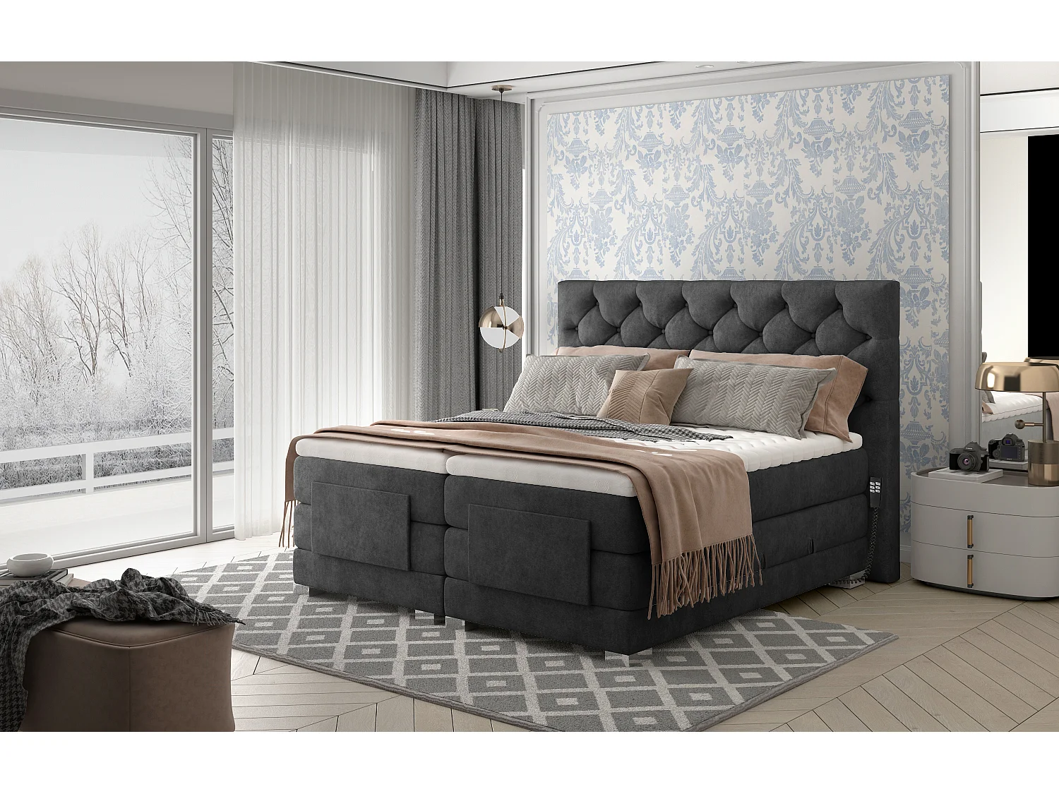 Lit continental électrique tissu anthracite avec matelas et surmatelas Karmen-160x200