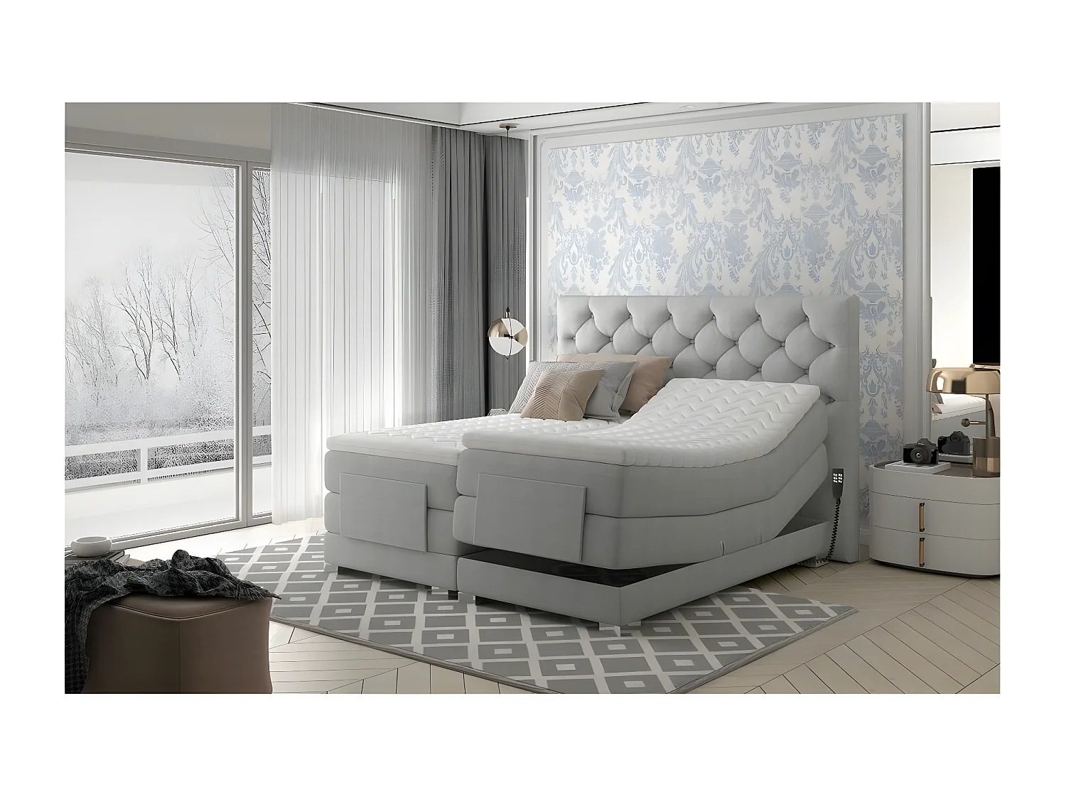 Groen fluwelen elektrisch continentaal bed met Karmen-matras en topper-Slapen 140x200cm