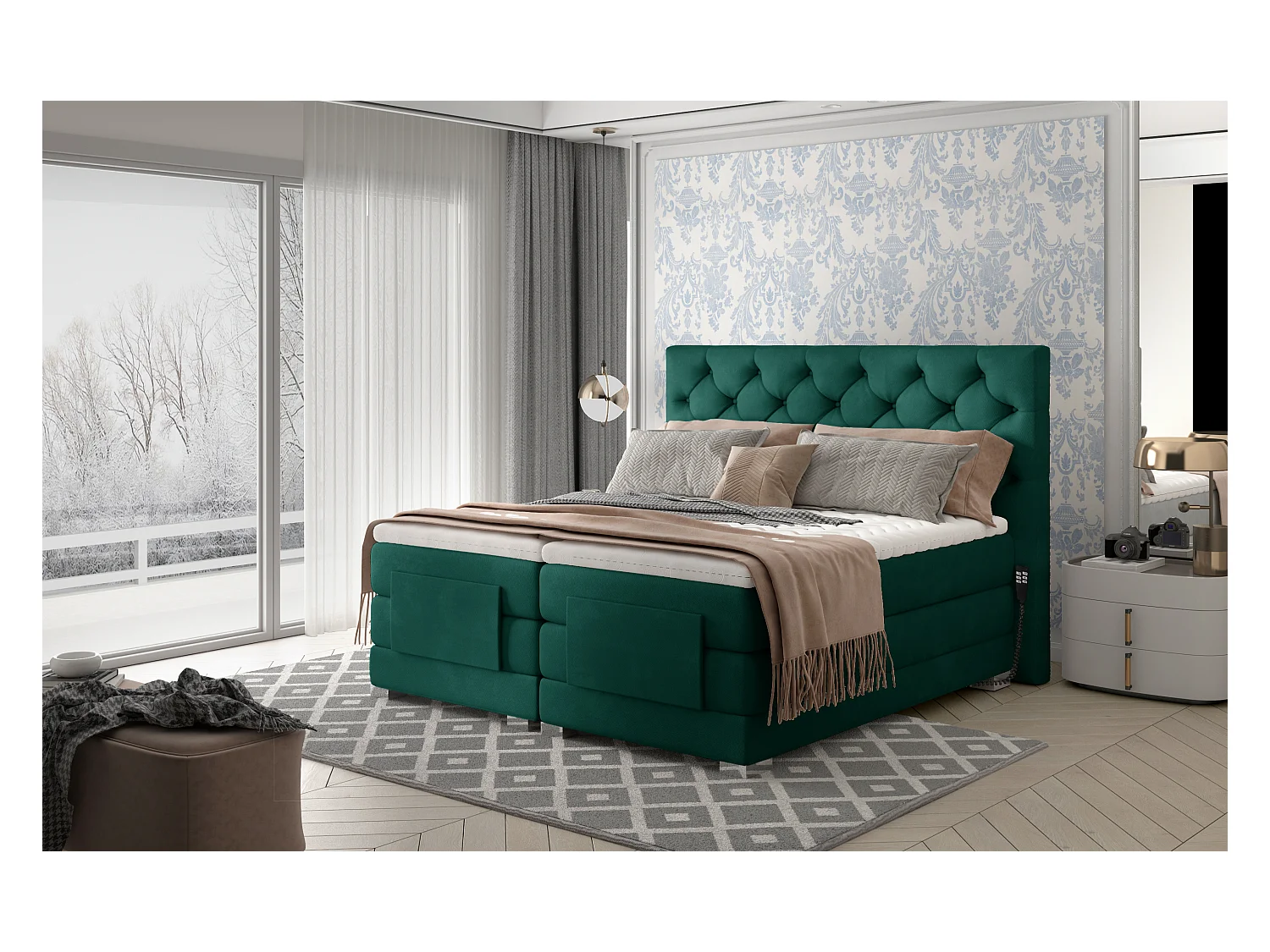 Lit continental électrique velours vert avec matelas et surmatelas Karmen-140x200