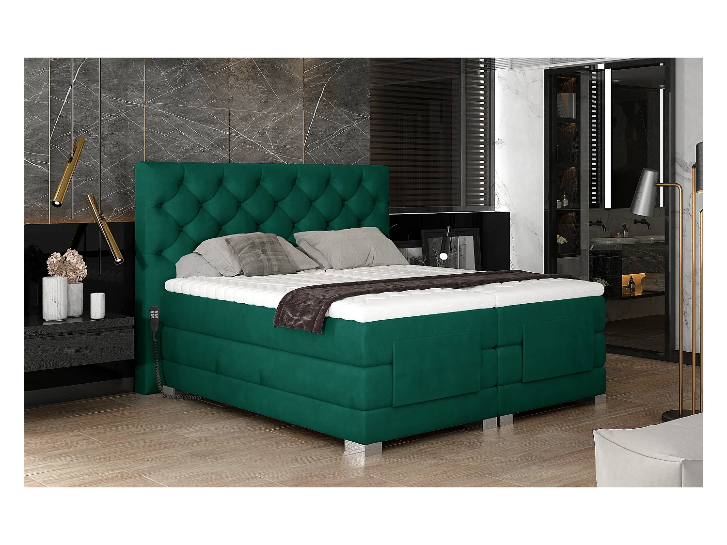 Lit continental électrique velours vert avec matelas et surmatelas Karmen-140x200
