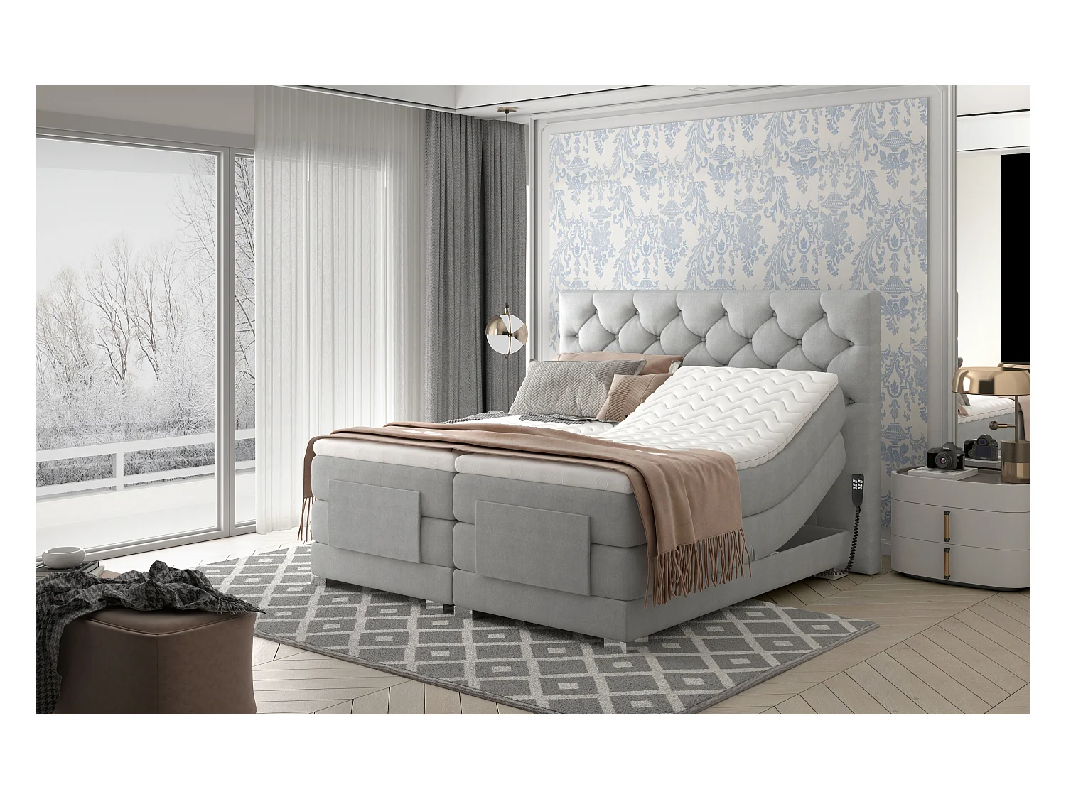 Lit continental électrique velours vert avec matelas et surmatelas Karmen-140x200
