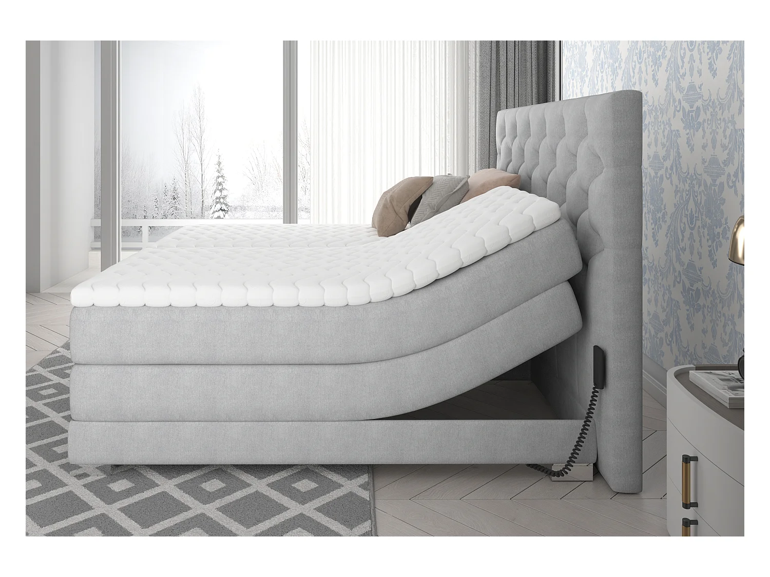 Lit continental électrique velours vert avec matelas et surmatelas Karmen-140x200