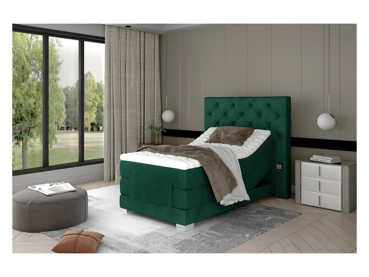 Lit continental électrique velours vert avec matelas et surmatelas Karmen-140x200