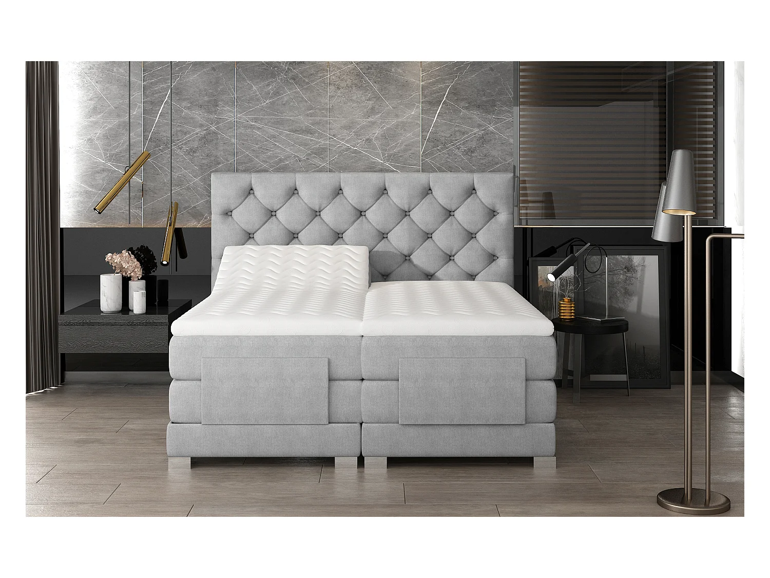 Lit continental électrique velours vert avec matelas et surmatelas Karmen-140x200