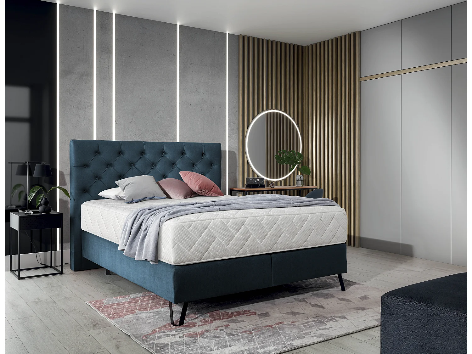 Lit continental capitonné tissu bleu Pozza avec matelas 30cm en latex et pied métal noir-180x200