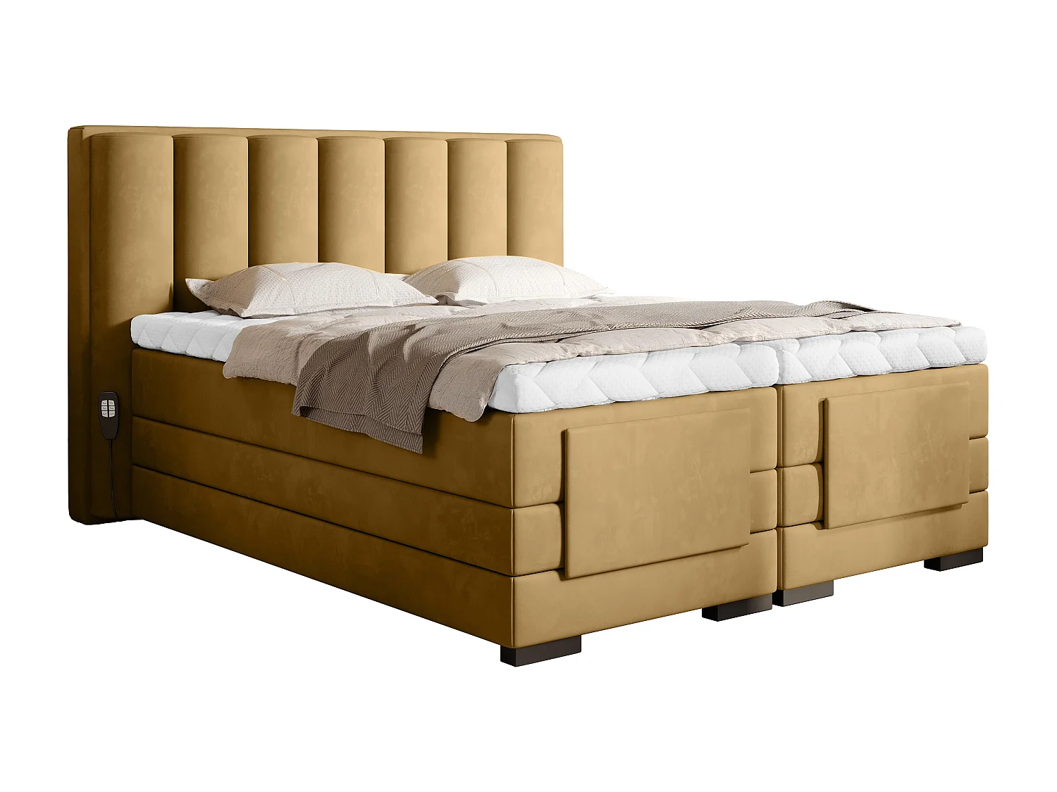 Lit boxspring électrique tissu jaune moutarde avec matelas et surmatelas Arkos-140x200