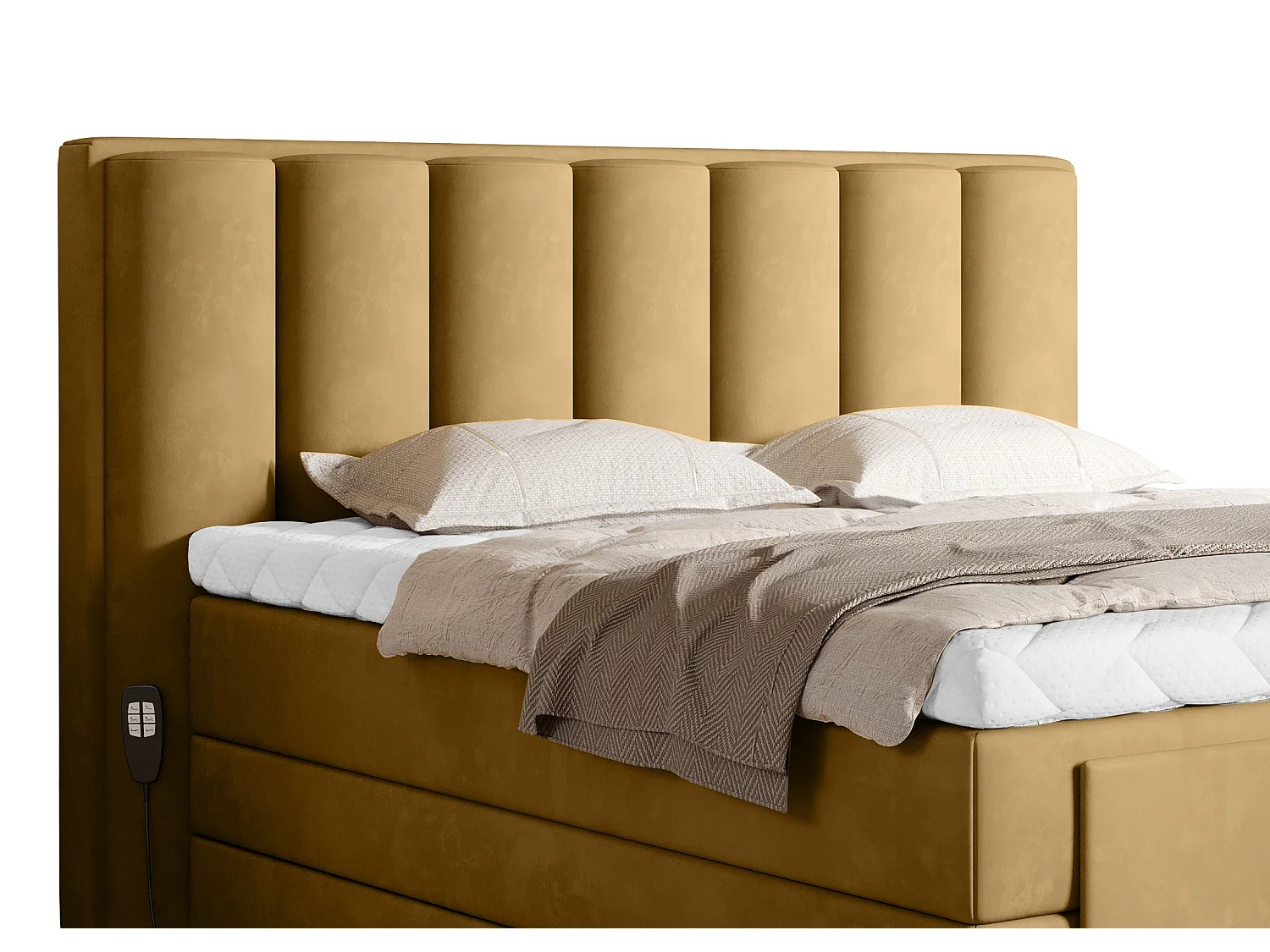Lit boxspring électrique tissu jaune moutarde avec matelas et surmatelas Arkos-140x200