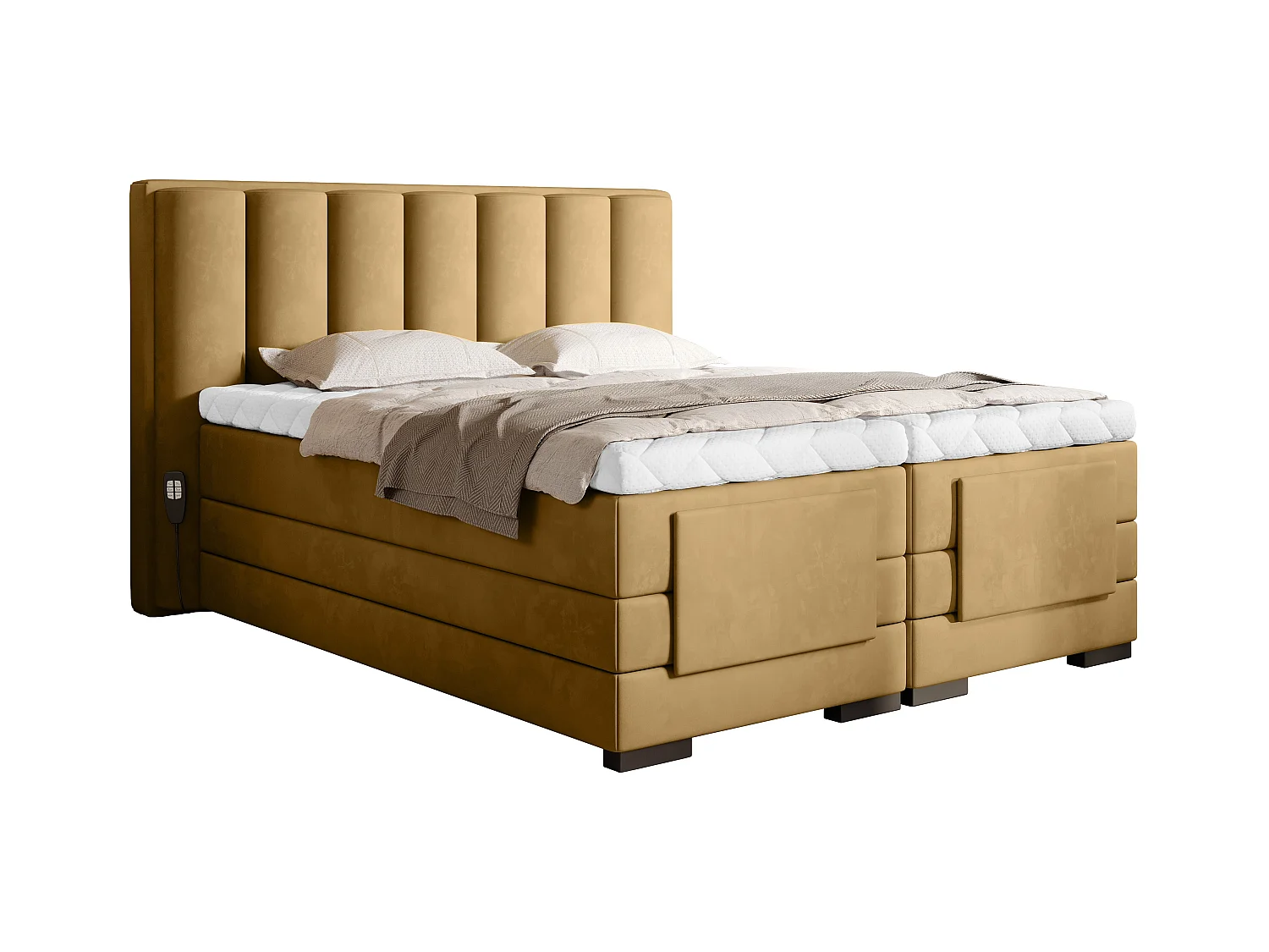 Lit boxspring électrique tissu jaune moutarde avec matelas et surmatelas Arkos-140x200