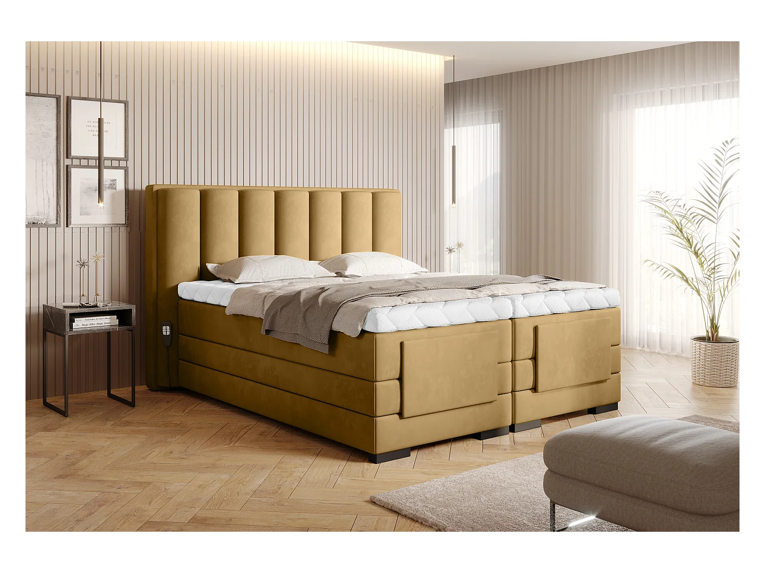 Lit boxspring électrique tissu jaune moutarde avec matelas et surmatelas Arkos-140x200