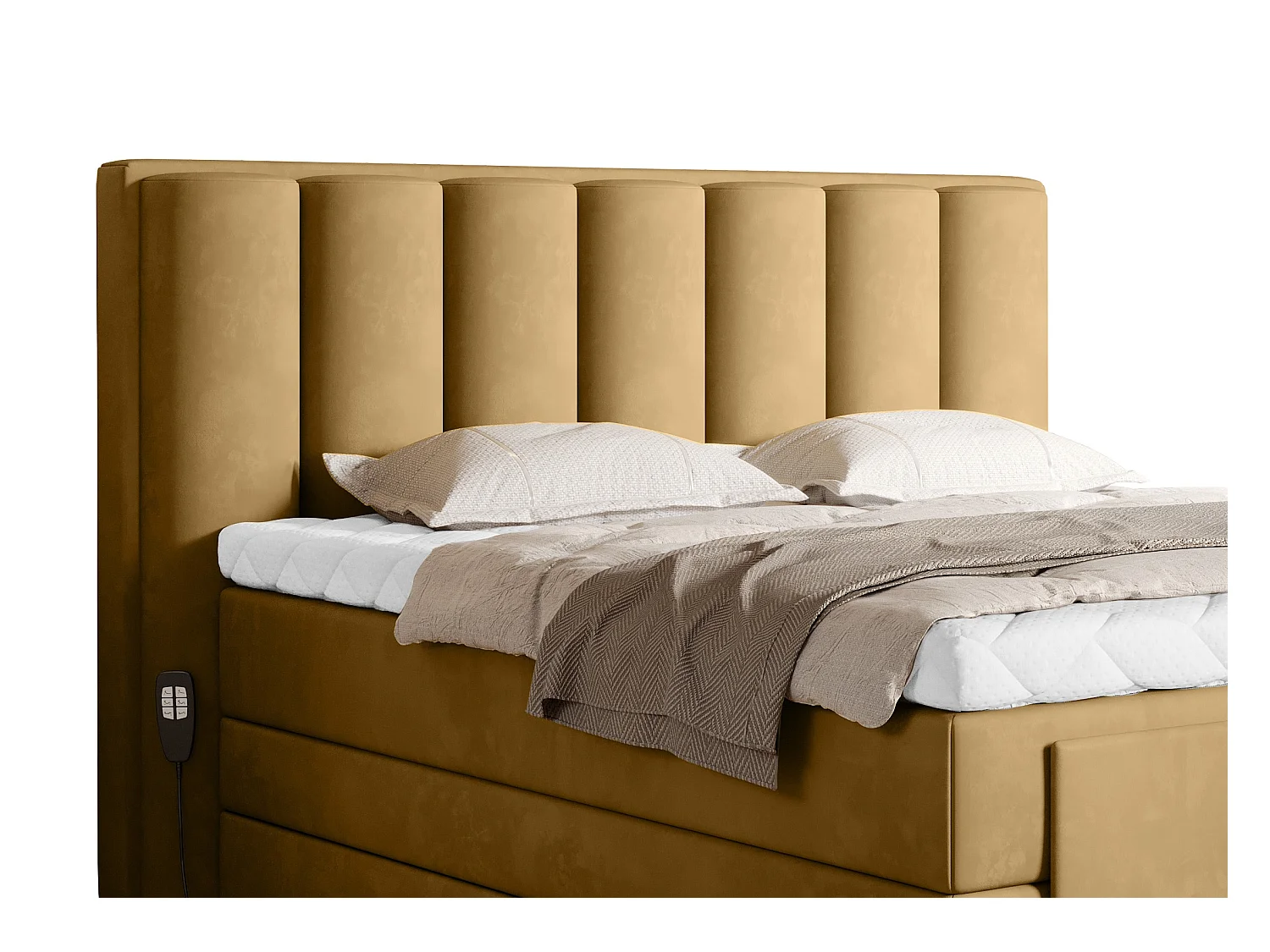 Lit boxspring électrique tissu jaune moutarde avec matelas et surmatelas Arkos-140x200