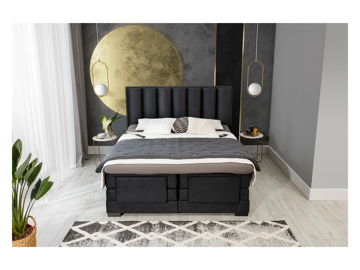 Lit boxspring électrique tissu jaune moutarde avec matelas et surmatelas Arkos-140x200