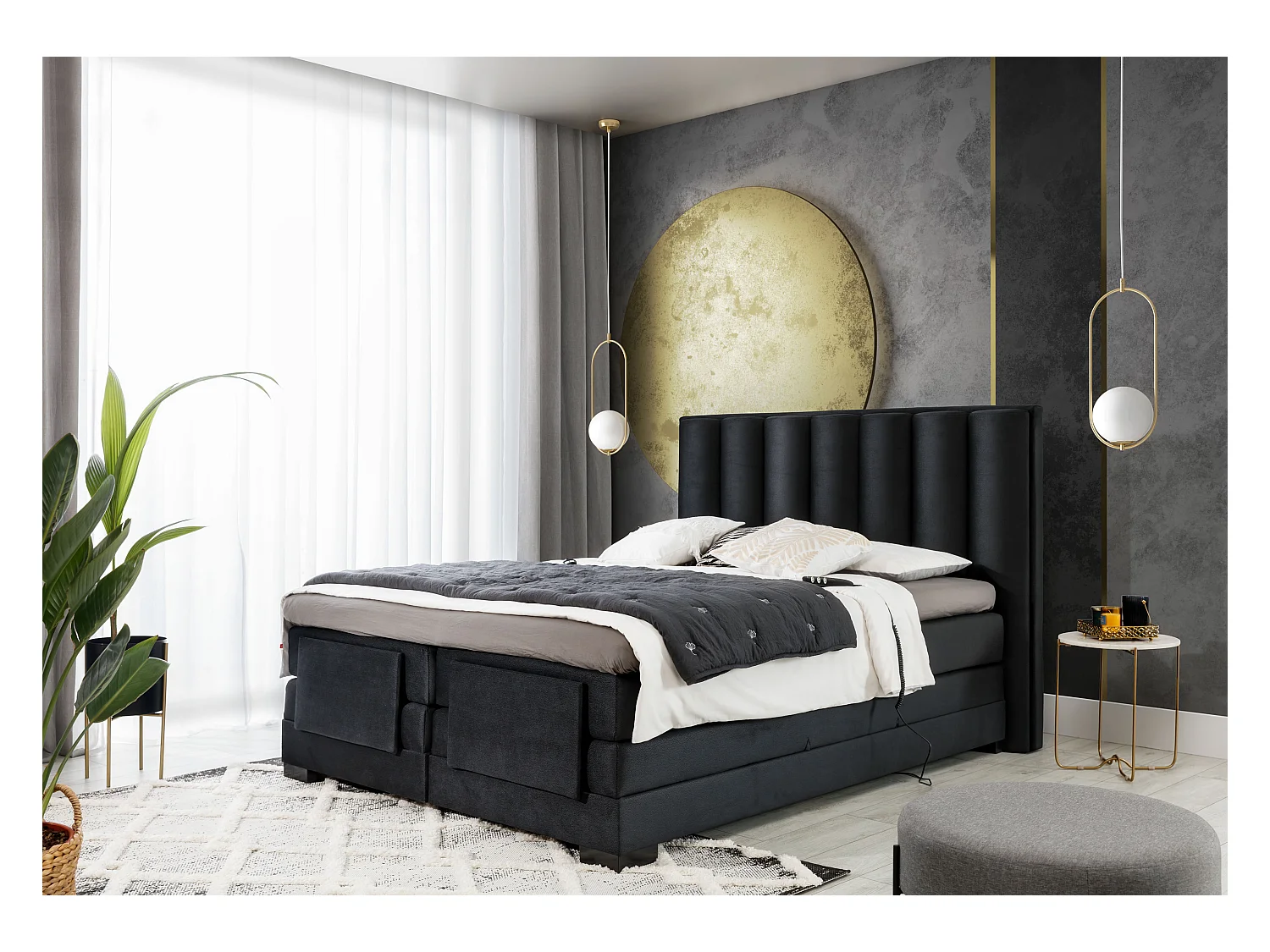 Lit boxspring électrique tissu jaune moutarde avec matelas et surmatelas Arkos-140x200